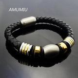 Stainless Steel Magnet Leather Bracelet Rope Men Women KB039
