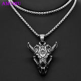 Sun Vikings Goat Head Pendant Chain Necklace Vintage P062