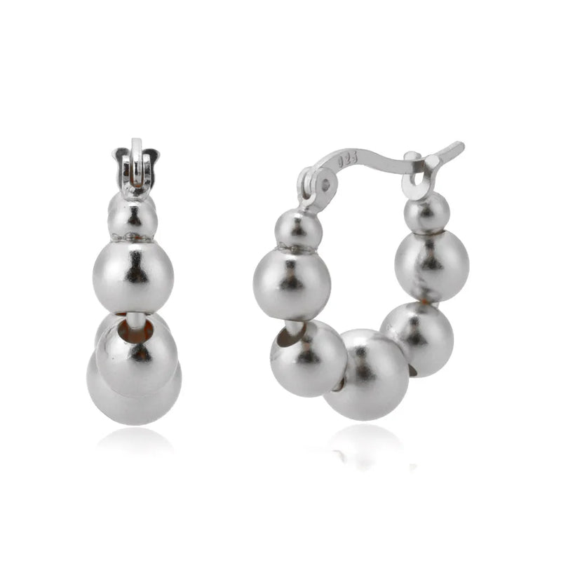 925 Sterling Silver Beads Hoops Women Circle Round Earring Fine Jewelry