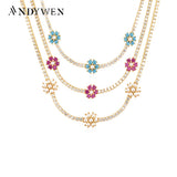 925 Silver Rainbow Flower Choker Necklace Zircon CZ Chain