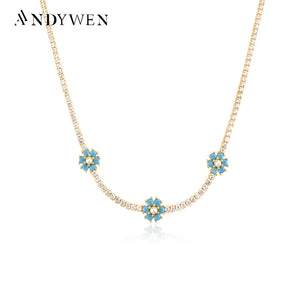 925 Silver Turquoise Flower Rainbow Choker Necklace Women Zircon CZ Chain