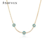 925 Silver Turquoise Flower Rainbow Choker Necklace Women Zircon CZ Chain