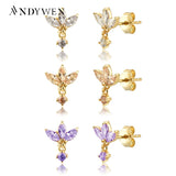 925 Silver Three Zircon Purple Stud Earring Women Jewelry