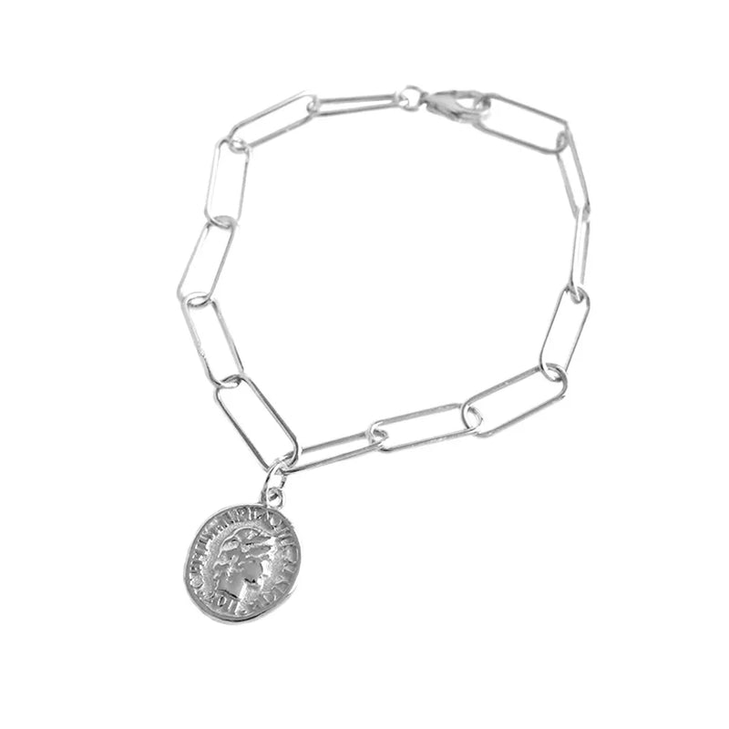 925 Sterling Silver Horoscope Round Queen Chain Bracelet Women Rock Punk Bangle
