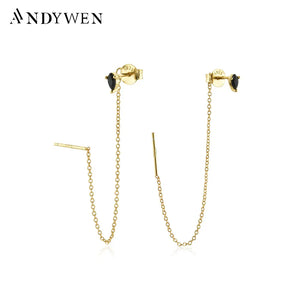925 Silver Chain Stud Earring CZ Zircon Piercing Fine Jewelry
