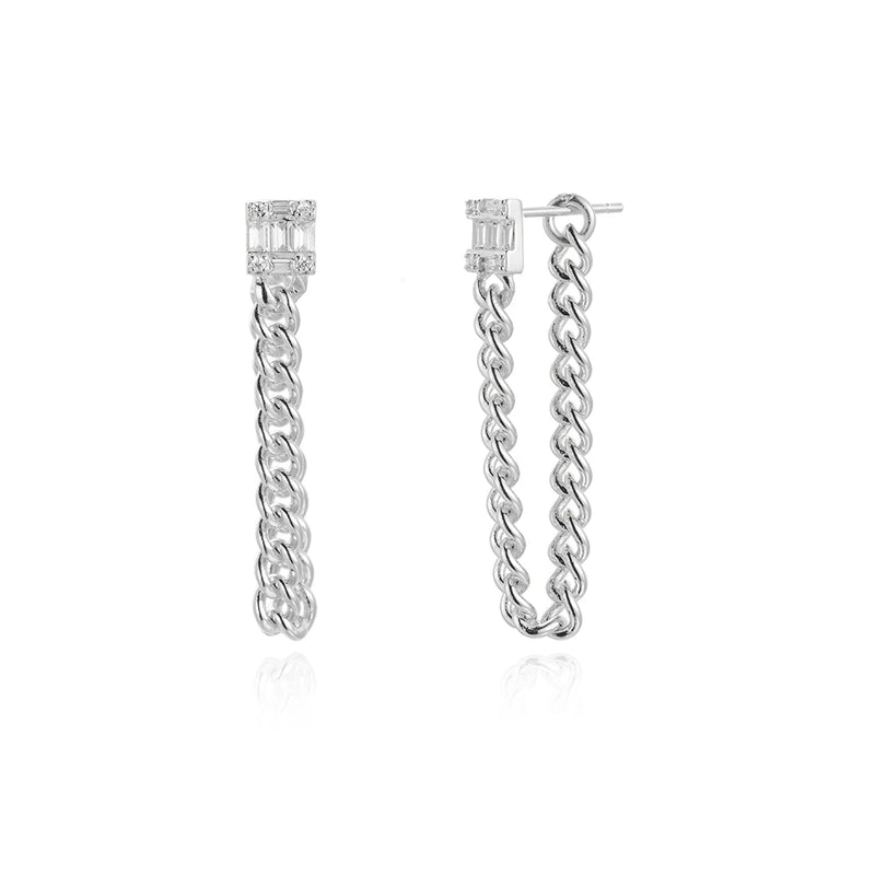 925 Silver CZ Stud Earring Locker Chain Piercing Spring Jewelry Gift