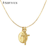 925 Silver Cross Oval Double Pendant Long Chain Necklace Collar