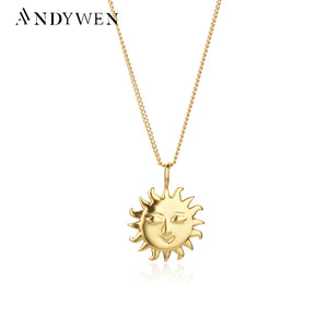 925 Silver SunFlower Women Face Pendant Necklace Long Chain Jewelry