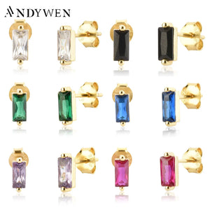 925 Silver 12 Colors Square Zircon Earrings Women Fine Jewelry Gift