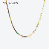 925 Silver Rainbow Tennis Paperclip Chain Choker Necklace