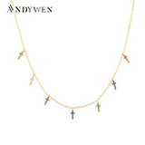 925 Silver Colorful Cross Charm Choker Necklace CZ Zircon Party