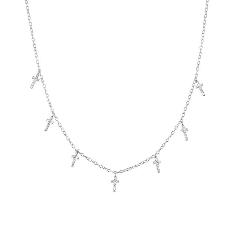 925 Silver Colorful Cross Charm Choker Necklace CZ Zircon Party