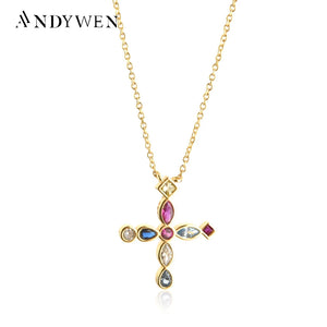 925 Silver Colorful Cross Pendant Long Chain Necklace European Jewelry