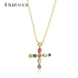 925 Silver Colorful Cross Pendant Long Chain Necklace European Jewelry