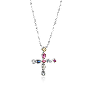 925 Silver Colorful Cross Pendant Long Chain Necklace European Jewelry