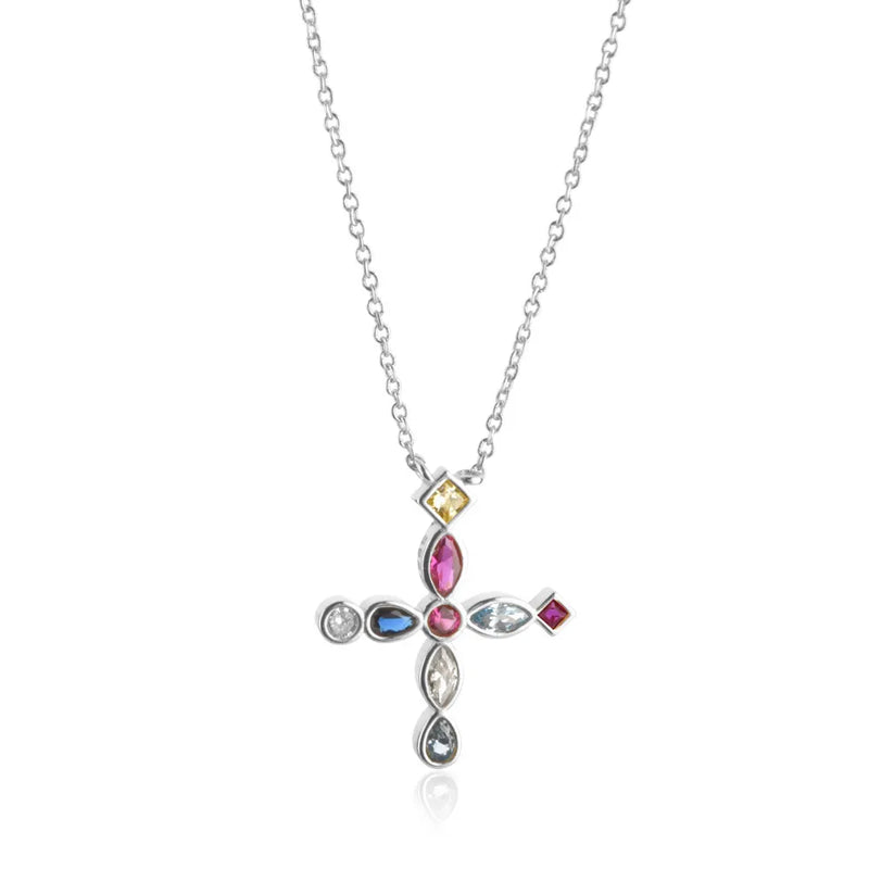 925 Silver Colorful Cross Pendant Long Chain Necklace European Jewelry