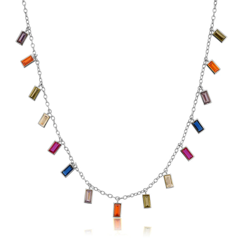 925 Silver Colorful Zircon Charms Rainbow Choker Long Necklace