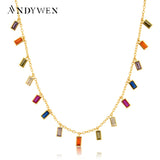 925 Silver Colorful Zircon Charms Rainbow Choker Long Necklace