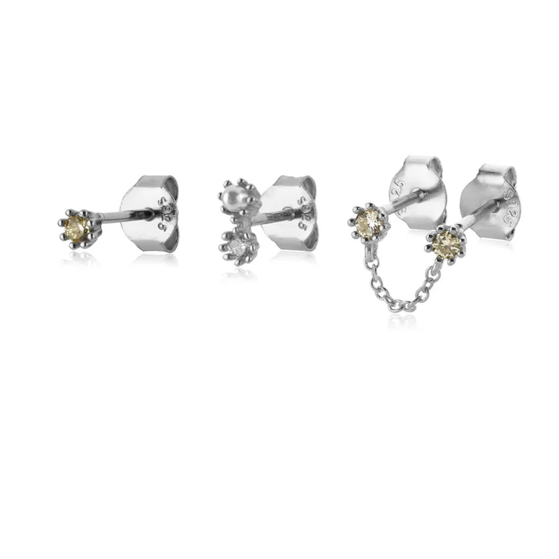 925 Silver 3pcs/Set Pearl Light Green Stud Earring Women Crystal Fine Jewelry
