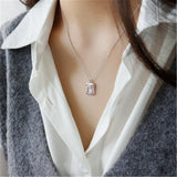 925 Sterling Silver Square Zircon CZ Charm Necklace Long Chain Pendant