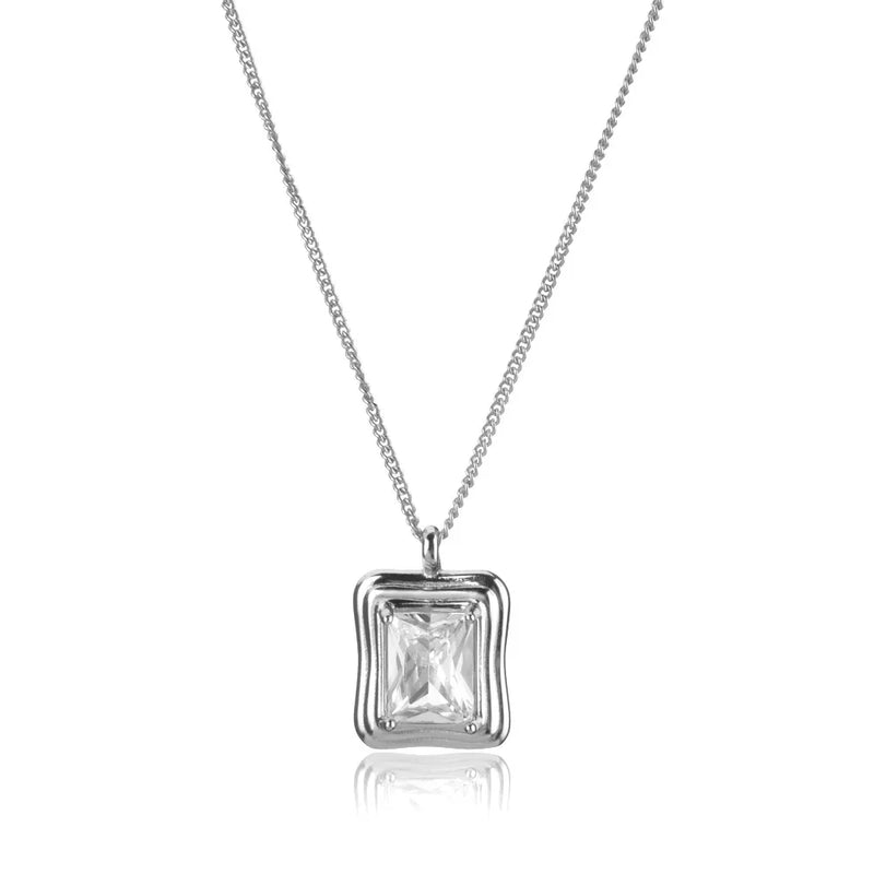 925 Sterling Silver Square Zircon CZ Charm Necklace Long Chain Pendant
