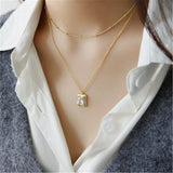 925 Sterling Silver Square Zircon CZ Charm Necklace Long Chain Pendant