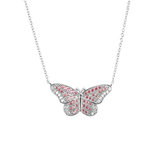 925 Silver Butterfly Pink Clear Chain Necklace Crystal CZ Spring Jewelry