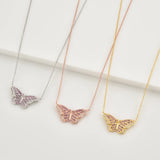 925 Silver Butterfly Pink Clear Chain Necklace Crystal CZ Spring Jewelry