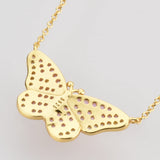 925 Silver Butterfly Pink Clear Chain Necklace Crystal CZ Spring Jewelry