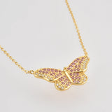 925 Silver Butterfly Pink Clear Chain Necklace Crystal CZ Spring Jewelry