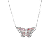 925 Silver Butterfly Pink Clear Chain Necklace Crystal CZ Spring Jewelry