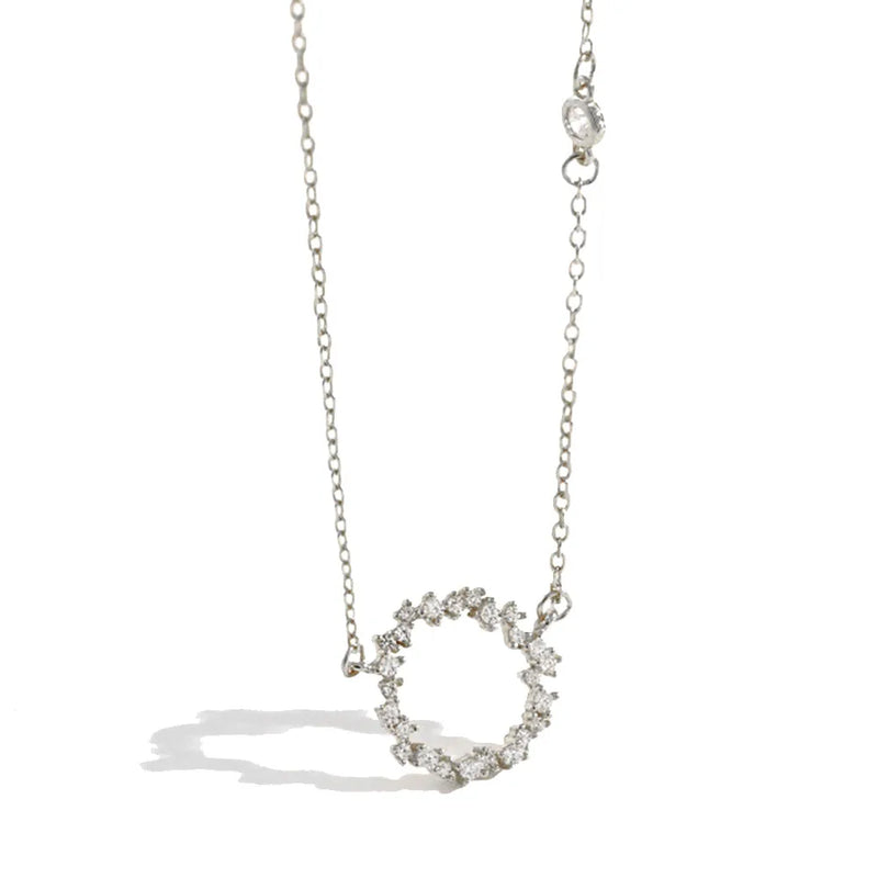 925 Silver Circle Pendant Zircon Pave Necklace Wedding Gift