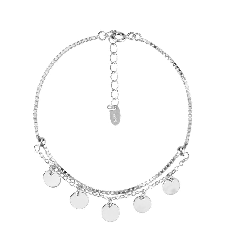 925 Silver Double Chain Bracelet Women Rock Punk Charms Coins Pendant Jewelry