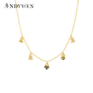 925 Silver Bees Charm Choker Necklace Crystal Jewels