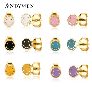 925 Silver Enamel Happy Face Tiny Stud Earring Wedding Jewelry
