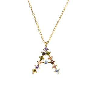 925 Silver Rainbow CZ Letter Pendant Necklace Purple Crystal Jewelry