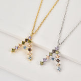 925 Silver Rainbow CZ Letter Pendant Necklace Purple Crystal Jewelry