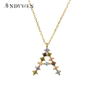 925 Silver Rainbow CZ Letter Pendant Necklace Purple Crystal Jewelry