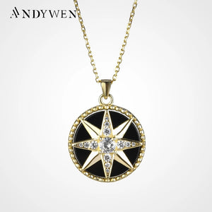 925 Silver Compass Pendant Star Snowflake Necklace Enamel Long Chain