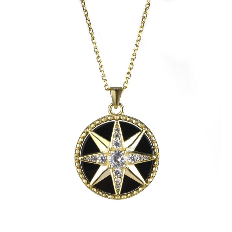 925 Silver Compass Pendant Star Snowflake Necklace Enamel Long Chain