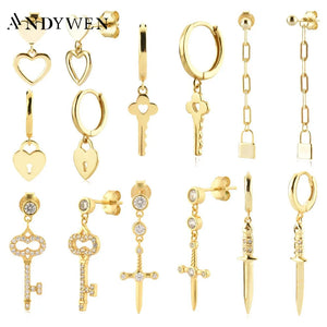 925 Silver Heart Key Cross Drop Earrings - Wedding Party Jewelry