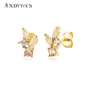 925 Silver Leafs Champagne Zircon CZ Stud Earrings Women Wedding Jewelry