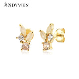 925 Silver Leafs Champagne Zircon CZ Stud Earrings Women Wedding Jewelry