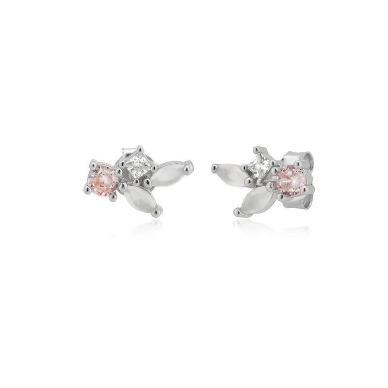 925 Silver Leafs Champagne Zircon CZ Stud Earrings Women Wedding Jewelry