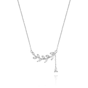 925 Silver Leafs Zircon CZ Pendant Necklace Women Drop Fine Jewelry