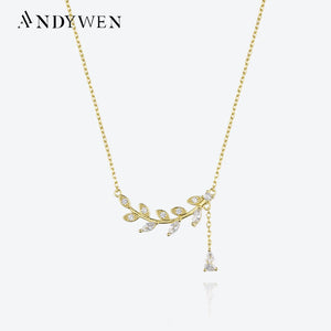 925 Silver Leafs Zircon CZ Pendant Necklace Women Drop Fine Jewelry