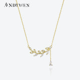 925 Silver Leafs Zircon CZ Pendant Necklace Women Drop Fine Jewelry