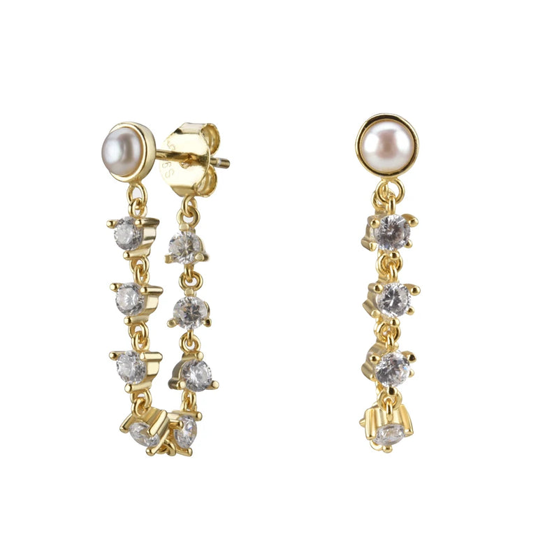 925 Silver Pearl Chain Stud Earring CZ Zircon Jewelry