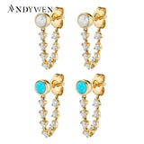 925 Silver Pearl Chain Stud Earring CZ Zircon Jewelry