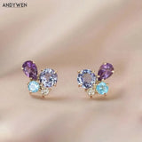 925 Silver Purple Zircon Stud Earring Women Wedding Jewelry